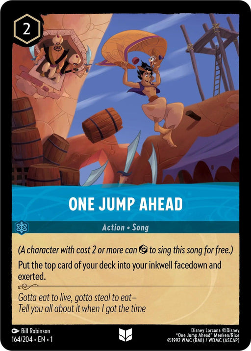 A card from Disney's The First Chapter, featuring an image titled "One Jump Ahead (164/204) [The First Chapter]." The card shows a dynamic scene set in an animated world with a character leaping above a marketplace and evading soldiers with spears. The card includes game text and lyrics. Release Date 2023-08-18.