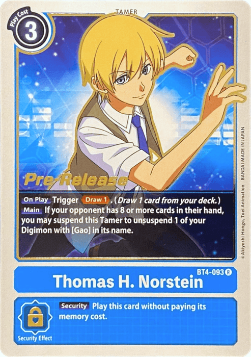 A Digimon trading card featuring Thomas H. Norstein [BT4-093] [Great Legend Pre-Release Promos]. He has blond hair, wears a blue tie and white shirt, and is set against a blue hexagonal background. This Great Legend Pre-Release Promos card includes game mechanics like a security effect and detailed gameplay instructions.