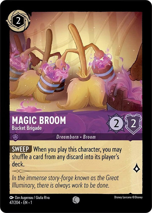 A card named "Magic Broom - Bucket Brigade (47/204) [The First Chapter]" from Disney, featuring a cost of 2 in the top left corner. It depicts two animated brooms with buckets. Below, it states "Dreamborn - Broom" and "2 | 2" within a shield icon. The card includes an ability called "SWEEP" and flavor text about the Great Illuminary, part of Disney.