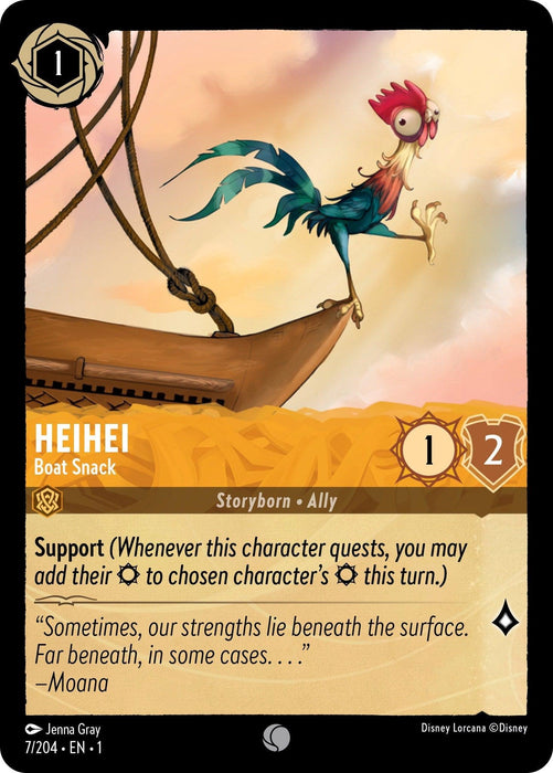 A card from Disney featuring Heihei, a chicken perched on the edge of a boat, titled "Heihei - Boat Snack (7/204) [The First Chapter]." From The First Chapter, the card shows Heihei with a bewildered expression. It includes details for power, willpower, and its special ability, along with a quote from Moana.