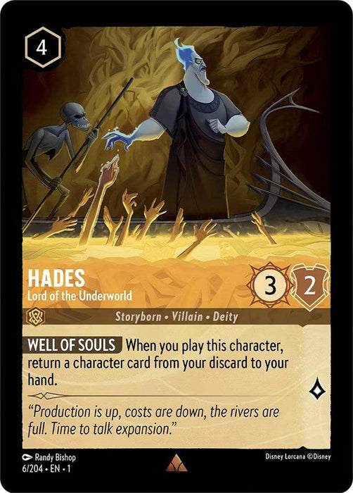 A rare collectible card from Disney titled "Hades - Lord of the Underworld (6/204) [The First Chapter]" has Hades surrounded by souls. The card, with a cost of 4, attack power of 3, and defense of 2, features an ability to return a discarded character card to the hand. Artwork showcases a dark underworld scene with skeletons and tormented souls.