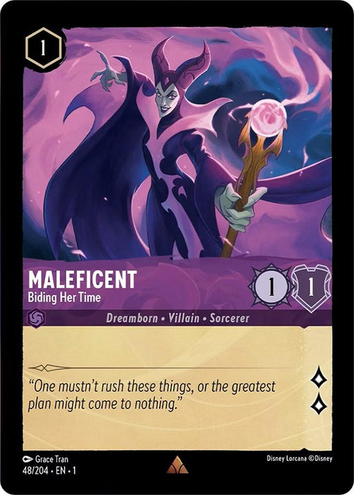 A rare trading card from *The First Chapter* of Disney Lorcana, Maleficent - Biding Her Time (48/204) [The First Chapter], features Maleficent in a dramatic purple outfit with horns and a staff. The card has “Dreamborn,” “Villain,” and “Sorcerer” attributes with 1 attack and 1 defense. The quote reads, "One mustn't rush these things.