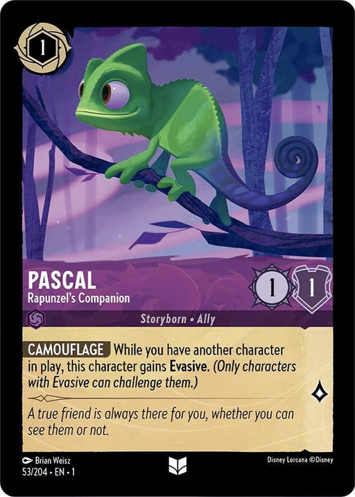 A trading card labeled "Pascal - Rapunzel's Companion (53/204) [The First Chapter]" features a green chameleon on a purple tree branch. The card has a cost of 1, power of 1, and toughness of 1. The text describes its "Camouflage" ability, giving it Evasive when another character is in play. The card is part of the Disney brand.