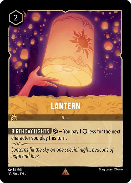 A rectangular card from Disney Lorcana's The First Chapter shows a pink and orange sky lantern lit and floating upwards. A hand below releases it. The card's text reads "You pay (1 ink symbol) less for the next character you play this turn." Flavor text states: "Lanterns fill the sky on one special night, beacons of hope and love." This card is titled Lantern (33/204) [The First Chapter], by Disney.