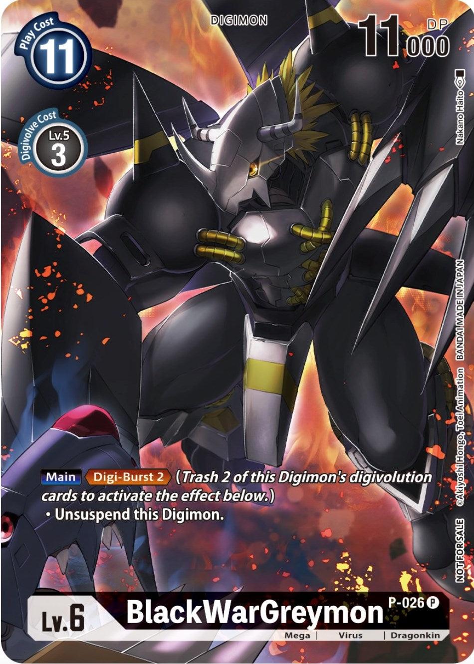 A Digimon Promotional Card from the Winner Pack Across Time collection, featuring BlackWarGreymon [P-026], a humanoid Dragonkin in black armor with yellow accents, large wing-like attachments, and sharp claws. The card displays its stats: Level 6, 11,000 DP, 11 play cost, and 3 digivolve cost. Its main effect is Digi-Burst 2 to unsuspend the Digimon.