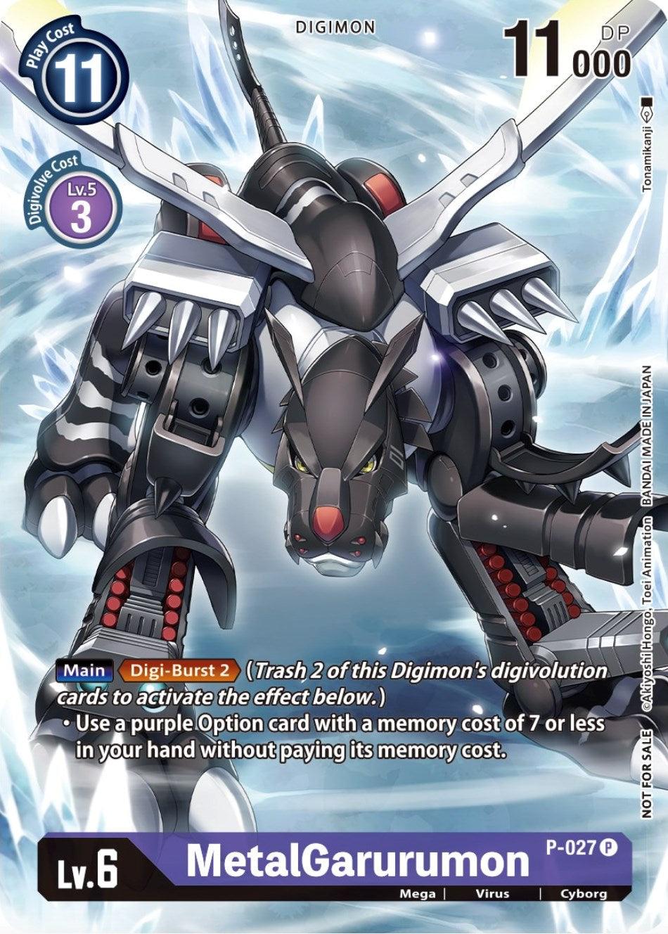 The promotional Digimon card for MetalGarurumon [P-027] (Winner Pack Across Time) depicts a cyborg wolf-like creature adorned with metallic armor, rocket boosters, and missile pods. It has a Play Cost of 11, Digivolve Cost of 3 from Lv.5, and a DP of 11,000. This Lv.6 MetalGarurumon card features abilities such as Digi-Burst 2 and can use purple option cards with a memory cost of 7.