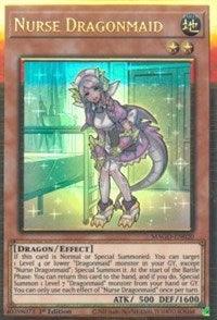 A Yu-Gi-Oh! trading card featuring Nurse Dragonmaid [MAGO-EN020] Gold Rare, a dragon-themed character with purple hair, dragon wings, and a tail, dressed in a maid outfit. This Effect Monster showcases her impressive dragon abilities and stats of ATK 500 and DEF 1600. The card is a stunning Gold Rare edition by Yu-Gi-Oh!.