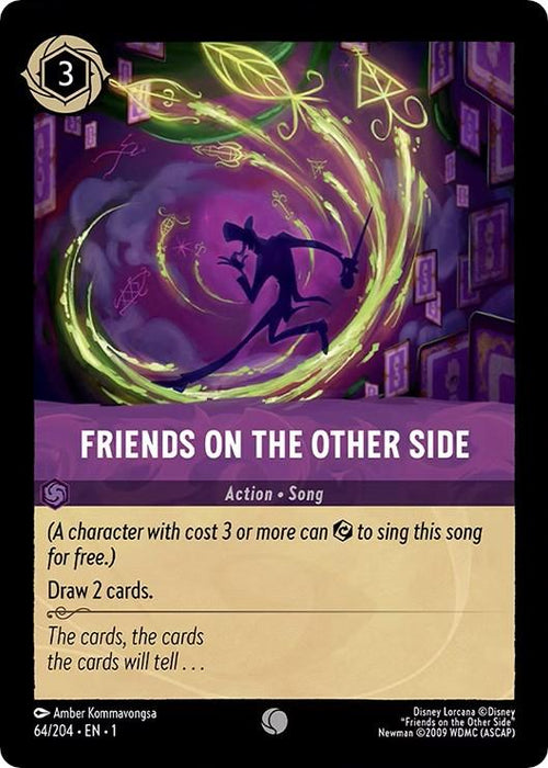 A common card from Disney Lorcana's The First Chapter titled "Friends on the Other Side (64/204) [The First Chapter]." It depicts a shadowy figure with three glowing green spirits and swirling enchantments. The card's action allows you to draw 2 cards. Text reads, "The cards, the cards, the cards will tell..." Cost: 3; Number: 64/204.