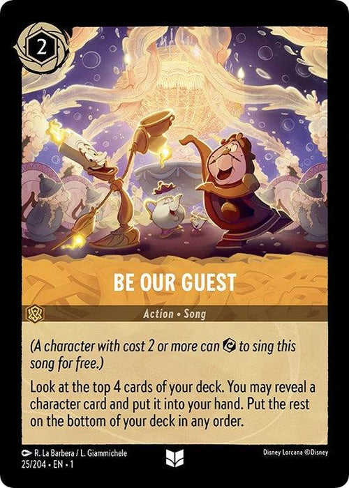 A card titled "Be Our Guest (25/204) [The First Chapter]" from Disney, featuring various characters from Beauty and the Beast in a grand feast setting beneath a glowing chandelier. Notable characters include Lumière and Cogsworth dancing. This character card has game instructions and a golden-brown color scheme, perfect for your deck.