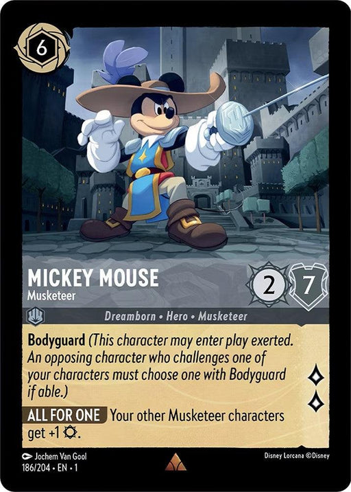 A Disney Mickey Mouse - Musketeer (186/204) [The First Chapter] trading card features Mickey Mouse as a Musketeer. Dressed in a blue musketeer outfit with hat and sword, Mickey stands heroically. This rare card has a cost of 6, strength of 2, and willpower of 7. Abilities include Bodyguard and a boost for other Musketeers.