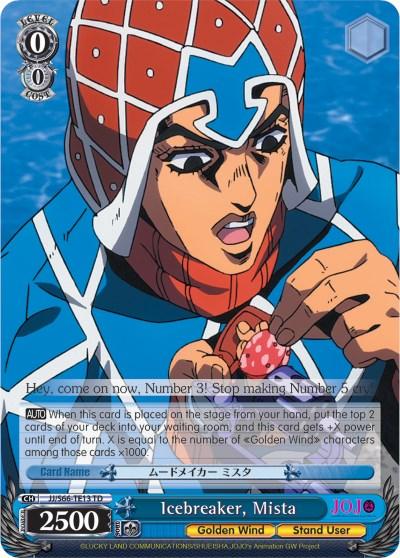 An anime-style card depicts a character with a blue and white helmet, brown hair, and an animated expression. The card includes various stats, symbols, and the text "Icebreaker, Mista (JJ/S66-TE13 TD) [JoJo's Bizarre Adventure: Golden Wind]" from Bushiroad. The character's left hand is raised near their face. Dialogue at the top reads, “Hey, come on now. Number 3! Stop