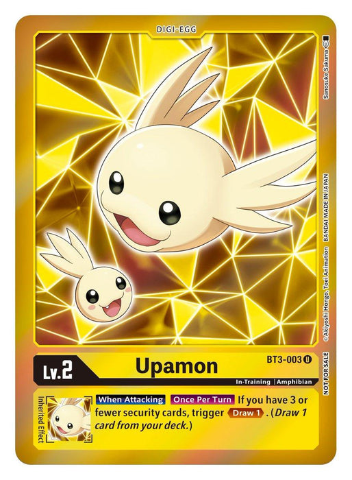 An Upamon [BT3-003] (Event Pack 2) [Release Special Booster Ver.1.5] card from the Digimon trading card game with a yellow border, featured in the Release Special Booster Ver.1.5. The main image shows a cute, smiling, flying creature with wings and big eyes on a glowing, geometric background. This rare Lv. 2 card has an inherited effect that allows drawing a card under certain conditions.
