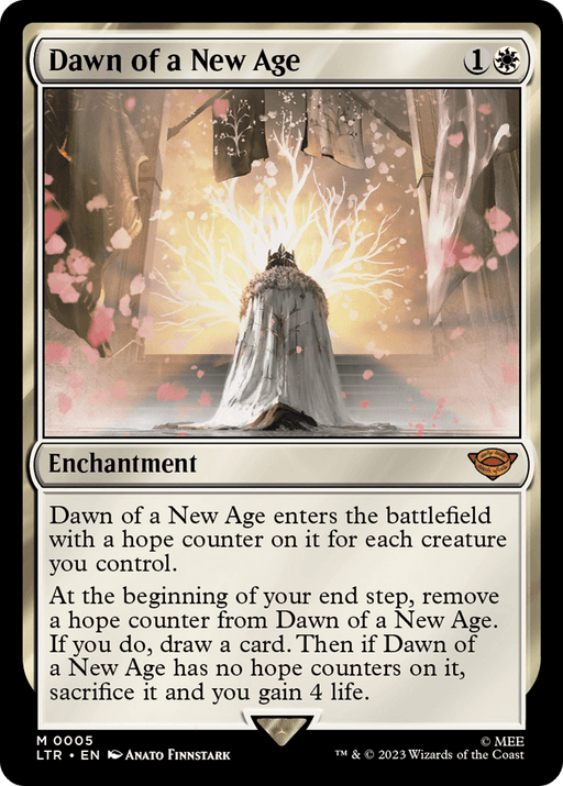 Magic: The Gathering card titled "Dawn of a New Age [The Lord of the Rings: Tales of Middle-Earth]." The card border and text box are white, reminiscent of Tales of Middle-Earth. The illustration depicts a robed figure with glowing white hair standing on a platform, hands raised, surrounded by beams of light and mystical symbols. The card costs 1W and is an enchantment.