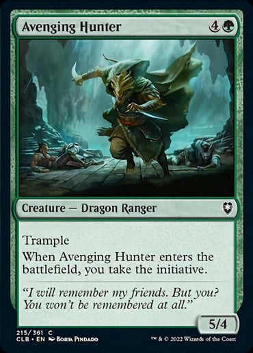 The image is a Magic: The Gathering card from Commander Legends: Battle for Baldur's Gate named "Avenging Hunter [Commander Legends: Battle for Baldur's Gate]." It depicts a dragon ranger holding a bow in a forest. The card costs 4G, has power/toughness of 5/4, and the abilities "Trample" and "When Avenging Hunter enters the battlefield, you take the initiative." The flavor text