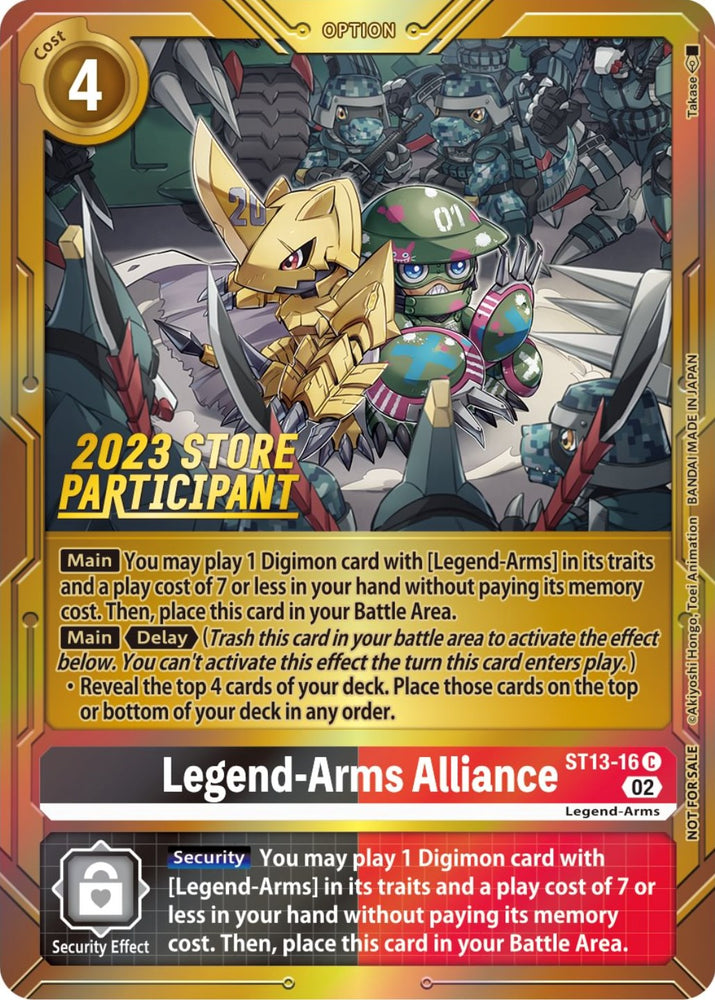 This Digimon trading card, titled "Legend-Arms Alliance [ST13-16] (2023 Store Participant) [Starter Deck: Ragnaloardmon Promos]," showcases vibrant artwork of a robotic dragon alongside an armored creature wielding weapons. It includes game instructions and provides security effects along with options for playing specific Digimon cards, making it a perfect addition to your Starter Deck: Ragnaloardmon Promos.