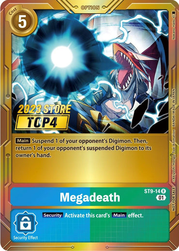 A Digimon card titled "Megadeath [ST9-14] (2023 Store Top 4) [Starter Deck: Ultimate Ancient Dragon Promos]," with a gold border and labeled "Option," is featured in the Starter Deck. It shows a burst of light and an armored Digimon roaring fiercely. Its effect is to suspend and return an opponent's Digimon to their hand.