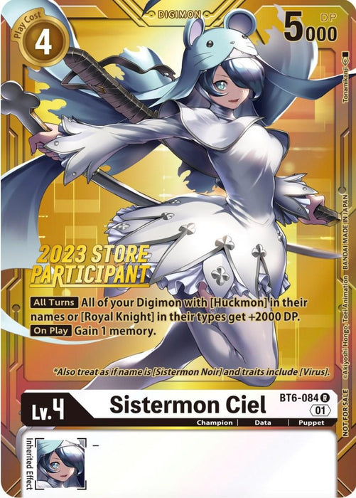 A Digimon card featuring Sistermon Ciel [BT6-084] (2023 Store Participant) [Double Diamond Promos]. The card shows an animated character in a white and blue hooded outfit with ears, holding a scepter. The card details: Play Cost: 4, DP: 5000, Level: 4, Type: Puppet, Rarity: 01. A special event stamp reading "2023 Store Participant" is also present on this Digimon card.