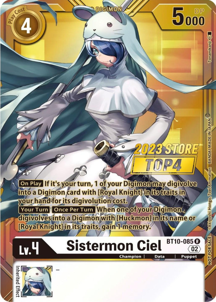 A Digimon card featuring Sistermon Ciel [BT10-085] (2023 Store Top 4) [Xros Encounter Promos], a puppet-type Digimon with long blue hair, wearing a white hooded outfit with bunny ears and armed with a large sword. The golden background highlights its rarity and attributes. Part of the Xros Encounter Promos series, text details its effects during gameplay.