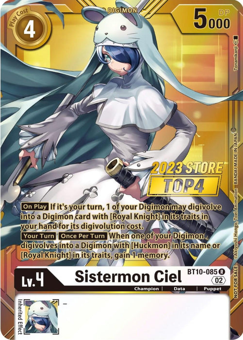 A Digimon card featuring Sistermon Ciel [BT10-085] (2023 Store Top 4) [Xros Encounter Promos], a puppet-type Digimon with long blue hair, wearing a white hooded outfit with bunny ears and armed with a large sword. The golden background highlights its rarity and attributes. Part of the Xros Encounter Promos series, text details its effects during gameplay.