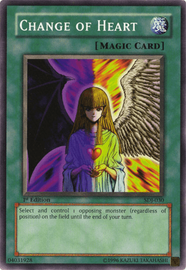 The Yu-Gi-Oh! Normal Spell card, "Change of Heart [SDJ-030] Common," from the Starter Deck Joey set, depicts an angelic figure with one white wing and one dark wing. The long-haired character is seen holding a glowing heart against a background divided into light and dark halves, symbolizing duality.