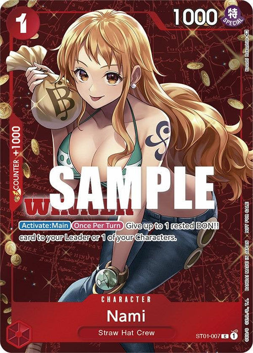 A trading card titled "Nami (Tournament Pack Vol. 3) [Winner] [One Piece Promotion Cards]," part of the One Piece Promotion Cards by Bandai, features an anime-style character with long orange hair and a tattoo on her left shoulder. She is sitting and holding a bag with the Bitcoin symbol. The card has a red border with various game stats and reads "Nami Straw Hat Crew" at the bottom, with "SAMPLE" across it.