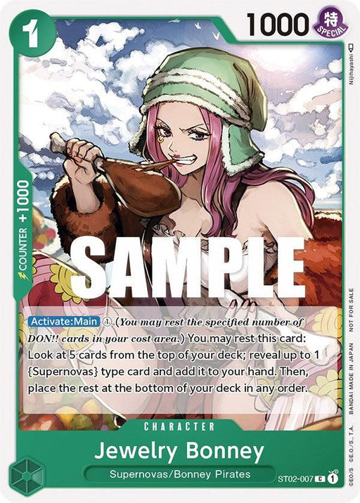 A Jewelry Bonney (Tournament Pack Vol. 3) [Participant] [One Piece Promotion Cards] trading card featuring Jewelry Bonney, a character from the Supernovas series. She has pink hair and is seen eating meat. The card has a green border, 1000 power, a "1" cost, and activation details. "Sample" is overlaid across the card labeled ST02-007 at the bottom right; part of the Bandai One Piece Promotion.