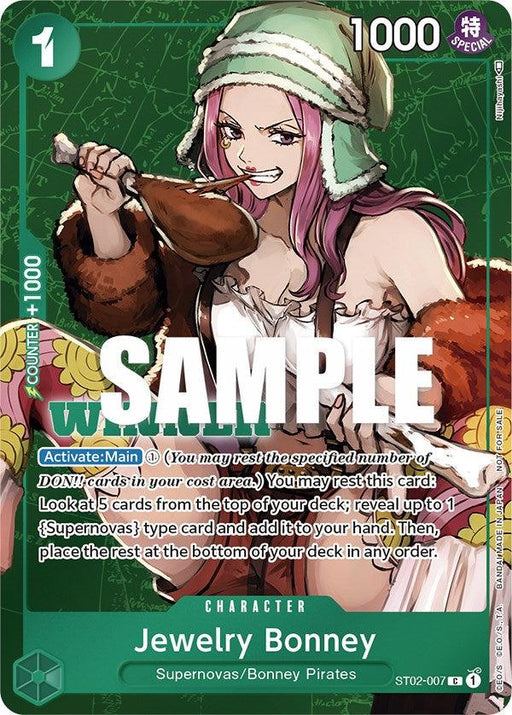 A picture of the card "Jewelry Bonney (Tournament Pack Vol. 3) [Winner] [One Piece Promotion Cards]" from Bandai's One Piece Promotion Cards collection. It shows an anime character with pink hair and a green hat, sitting and eating a large piece of meat. Text below reads "Jewelry Bonney," character type "Supernovas/Bonney Pirates," with various stats and abilities detailed.