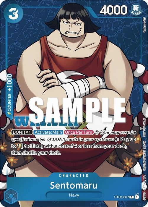 A trading card from the "One Piece Promotion Cards" series by Bandai showcases Sentomaru (Tournament Pack Vol. 3) [Winner], clad in red and white traditional garments with blue accents, wielding an axe. The card text details his abilities and stats, boasting a power level of 4000 and cost of 3. It is labeled "Sample" across the center.