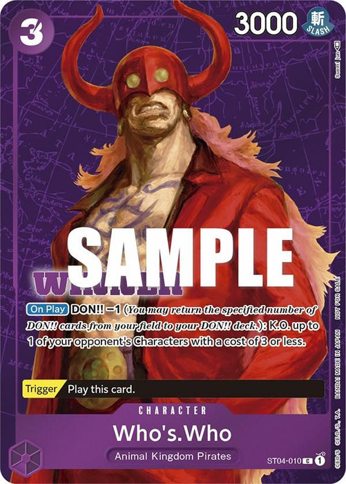 A Promo Character Card featuring Who's.Who (Tournament Pack Vol. 3) [Winner] [One Piece Promotion Cards]. The character is shown with a muscular build, wearing a red helmet with horns, a red vest, and a menacing expression. The card has a power of 3000 and a cost of 3. The background is purple with intricate patterns. This exclusive card is released by Bandai.
