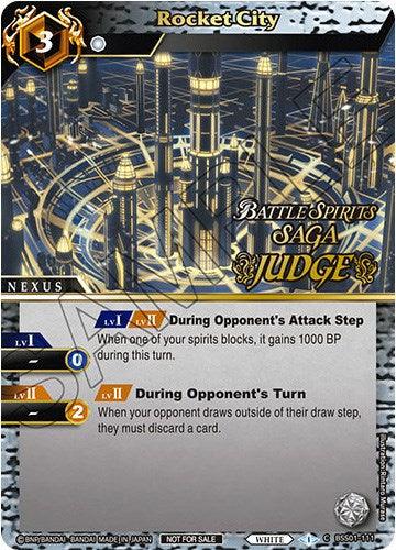 An intricate card from the Battle Spirits Saga Judge series titled "Rocket City (Judge Pack Vol. 1) (BSS01-111) [Battle Spirits Saga Promo Cards]" by Bandai. This Nexus Card features a sci-fi cityscape with tall, sleek buildings. The card details two effects during gameplay: at Level 1 and Level 2, enhancements activate during an opponent's attack step and turn respectively.