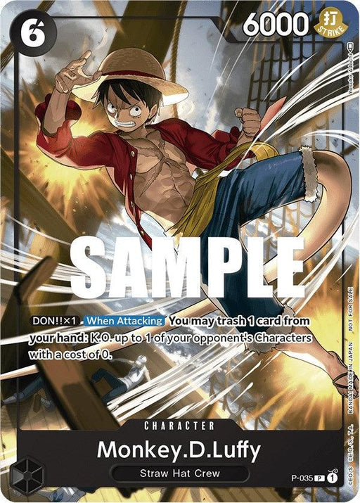 A Monkey.D.Luffy (Pirates Party Vol. 3) [One Piece Promotion Cards] from Bandai. Luffy is depicted in a dynamic battle stance, wearing a straw hat, red vest, blue shorts, and sandals. The card has a power level of 6000, a cost of 6, and special abilities. The word "SAMPLE" is prominently displayed across this promo card.
