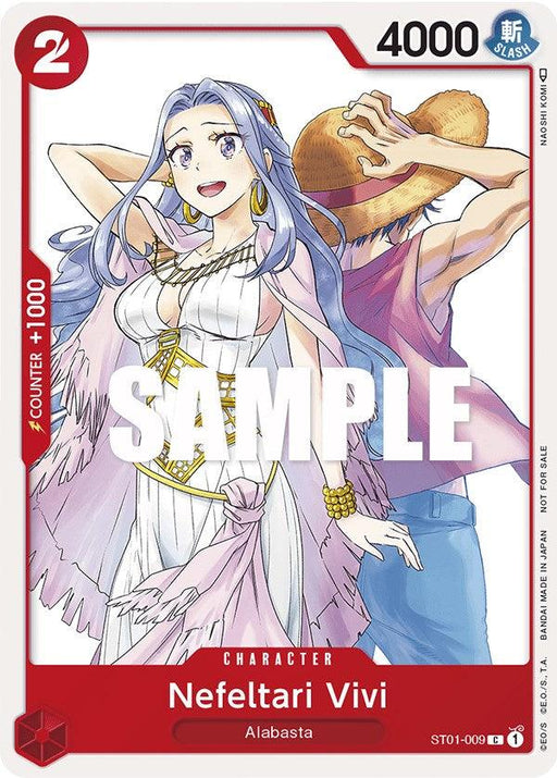 A Bandai Nefeltari Vivi (OP-03 Pre-Release Tournament/Participant) [One Piece Promotion Cards] promo trading card featuring the character Nefeltari Vivi from Alabasta. She has long blue hair and is wearing a white dress with a gold and white chest piece. She is smiling and holding an arm posed at her shoulder. The card attributes include power level 4000 and counter +1000. The word "SAMPLE" is overlaid on the image.