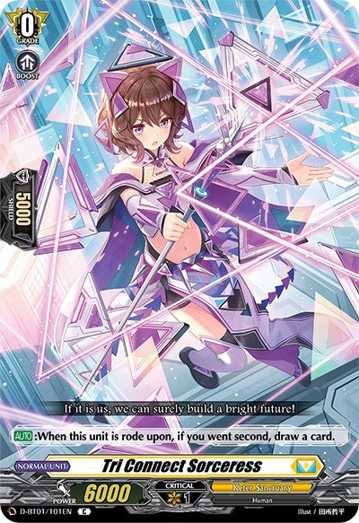 A trading card by Bushiroad from the Genesis of the Five Greats series, titled "Tri Connect Sorceress (D-BT01/101EN)," showcases a magical anime girl wielding a glowing staff. She is depicted amid a burst of pink and purple geometric shards, striking a dynamic pose. The text at the bottom displays her name along with her stats: 6000 Power, 5000 Shield, and special abilities from Keter Sanctuary.