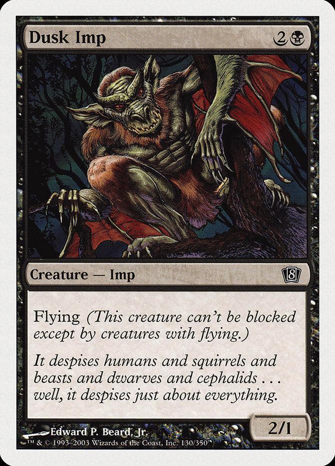 A Magic: The Gathering product from Eighth Edition, "Magic: The Gathering Dusk Imp [Eighth Edition]," features artwork of a menacing, winged demon with red wings and dark fur. This creature costs 2 colorless and 1 black mana to play, has 2 power and 1 toughness, possesses Flying, and shows disdain for various beings.