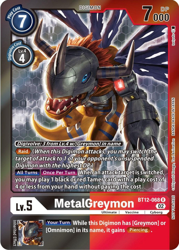 The image showcases a Digimon card titled "MetalGreymon [BT12-068] (Tamer Party -Special-) [Across Time Promos]." This blue card, signifying its type, has a play cost of 7 and a DP of 7000. It includes details about Digivolution from level 4, with abilities listed below. MetalGreymon is depicted with mechanical and dragon-like features in an aggressive stance.