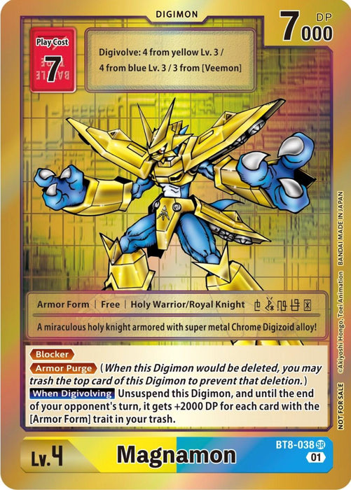 A Digimon promo card featuring Magnamon [BT8-038] (Tamer Party -Special-) [New Awakening Promos]. The card has text detailing its abilities and stats. Magnamon is depicted as a golden armored warrior with blue accents and sharp edges. It has 7000 DP, a play cost of 7, and various special abilities. The background is fiery with digital effects.