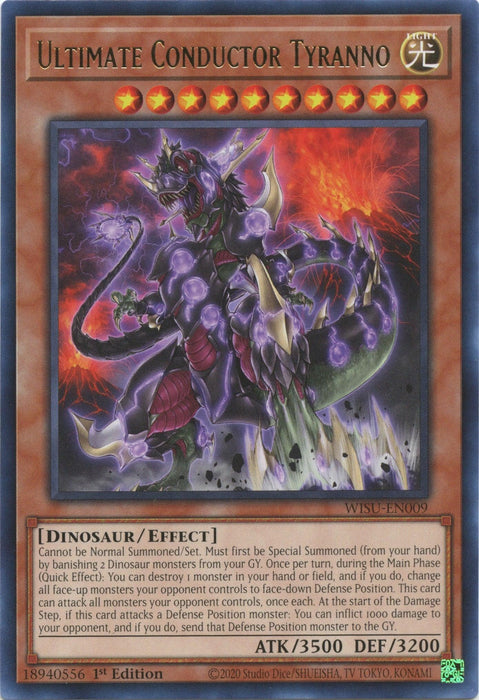 A Yu-Gi-Oh! card named "Ultimate Conductor Tyranno [WISU-EN009] Rare" depicts a roaring, dual-horned dinosaur with purple and black armor, metallic spikes, and a fiery effect. This powerful Effect Monster boasts impressive stats: ATK 3500 and DEF 3200. Adorned in rich purple hues, it belongs to the fierce Dinosaur monsters set from Wild Survivors.