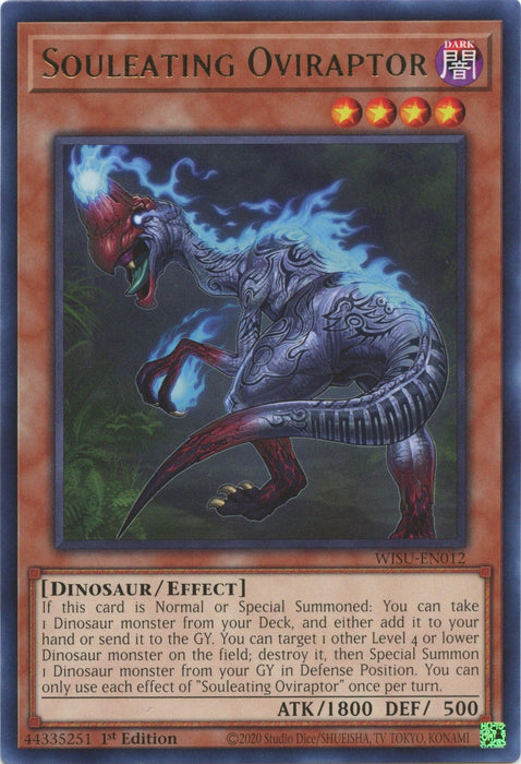 The image shows the "Souleating Oviraptor [WISU-EN012] Rare" Yu-Gi-Oh! trading card. It depicts a fierce, blue, bipedal Dinosaur-Type monster with red eyes and a red glow emanating from its mouth. The card, part of the Wild Survivors series and categorized as a DARK Dinosaur/Effect monster, boasts an ATK of 1800 and DEF of 500.