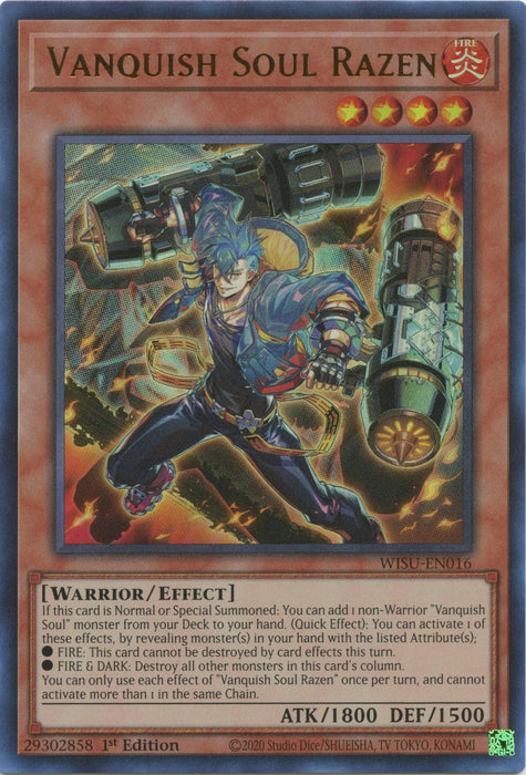 A Yu-Gi-Oh! trading card titled "Vanquish Soul Razen [WISU-EN016] Ultra Rare," an Ultra Rare Effect Monster. The card showcases a warrior in a dynamic combat pose with flames around. It belongs to the "Warrior/Effect" type with ATK 1800 and DEF 1500, and its series number is WISU-EN016. Detailed effects are listed in the description.