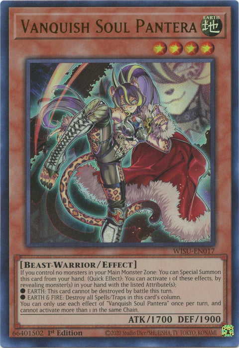 Image of a Yu-Gi-Oh! trading card titled "Vanquish Soul Pantera [WISU-EN017] Ultra Rare" from the Wild Survivors series. The card showcases a fierce, armored warrior with panther-like features in a dynamic pose, wielding a large, ornate sword. The dark and grey background complements its 1700 attack points and 1900 defense points.