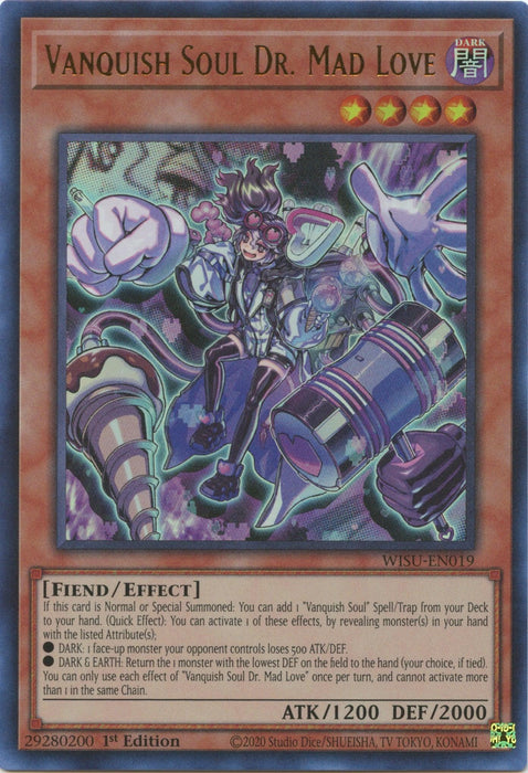 The image showcases a Yu-Gi-Oh! trading card named "Vanquish Soul Dr. Mad Love [WISU-EN019] Ultra Rare." It features a dark-themed character with wild purple hair, glasses, and a sinister smile. He is wearing a white lab coat and gloves, holding syringes in both hands. The Effect Monster has ATK/1200 and DEF/2000.
