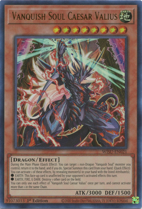A Yu-Gi-Oh! card titled "Vanquish Soul Caesar Valius [WISU-EN021] Ultra Rare." The image features a humanoid dragon-like creature with blue scales, wielding a flaming sword. The chaotic, fiery background enhances its fierce presence. This Level 7 EARTH Effect Monster boasts 3000 ATK and 1500 DEF.