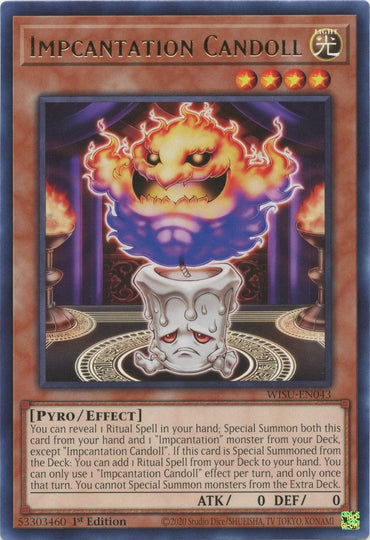 A Yu-Gi-Oh! trading card titled "Impcantation Candoll [WISU-EN043] Rare." The card features an eerie, ghost-like flame entity emerging from a melting white candle adorned with a face, set against a dark, mystical background. Text details the Ritual Spell attributes and summoning rules of this unique Effect Monster.