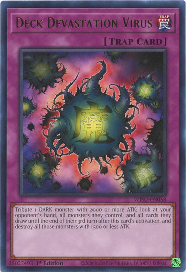 A rare Yu-Gi-Oh! Normal Trap Card named Deck Devastation Virus [WISU-EN058] Rare. It features a dark, ominous background with wisps of purple smoke and a central icon resembling a green demonic eye. The edges are bordered in purple. The card effects and other details are in the lower section.