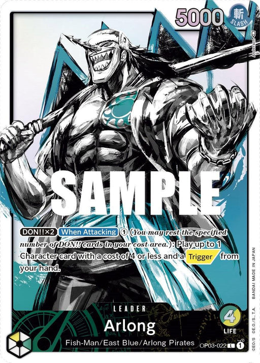 A trading card features a muscular shark-man named Arlong with blue skin, wearing a striped shirt and pants. He holds a sword and grins menacingly. As a Leader card, it has text describing his abilities, including "DON!! X2 When Attacking" and "Play up to 1 character card with a cost of 4 or less." The product is Arlong (Alternate Art) [Pillars of Strength] by Bandai.