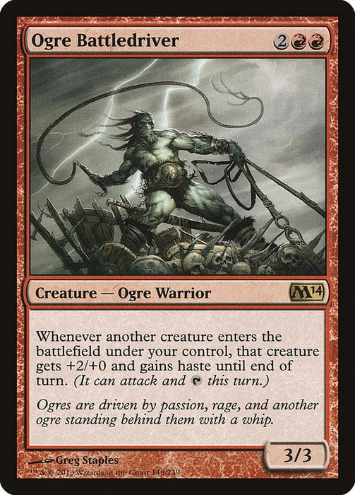 **Ogre Battledriver [Magic 2014]** from **Magic: The Gathering**. Shows a muscular, green-skinned ogre wielding a whip, leading a charge with flames and lightning in the background. This rare Creature — Ogre Warrior has a mana cost of 2 colorless and 2 red with power/toughness: 3/3. Text: "Whenever another creature