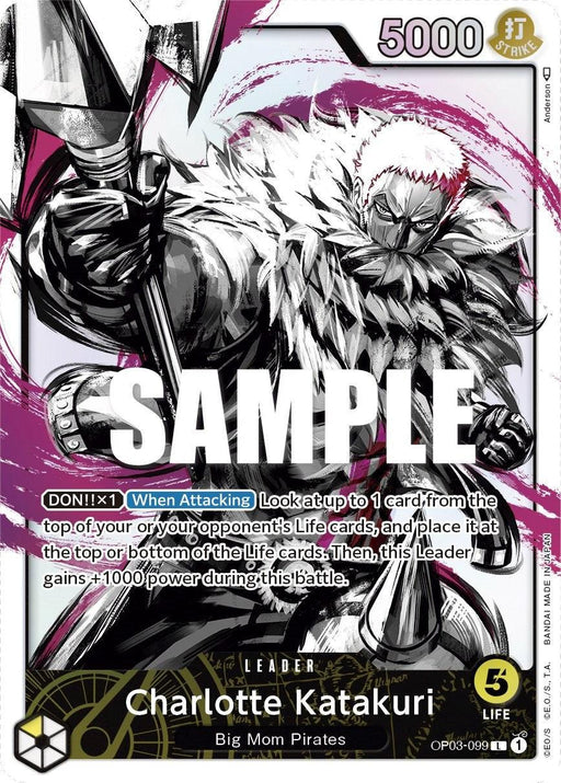 A trading card titled "Charlotte Katakuri (Alternate Art) [Pillars of Strength]" from the One Piece Card Game by Bandai. The card shows a fierce character with spiky hair holding a trident. This Leader card boasts a 5000 power level and has a special ability description in a blue box. It belongs to the Big Mom Pirates set and is marked SAMPLE across the center.
