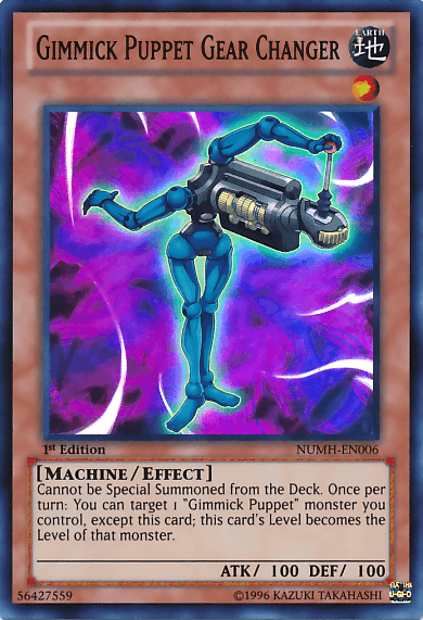 A Yu-Gi-Oh! card titled "Gimmick Puppet Gear Changer [NUMH-EN006] Super Rare." This 1st Edition, Number Hunters Effect Monster carries the serial number 56427559. It depicts a blue mechanical figure with a cylindrical gear chest, set against a pink and purple abstract background. With 100 ATK and DEF, it belongs to the Earth attribute.