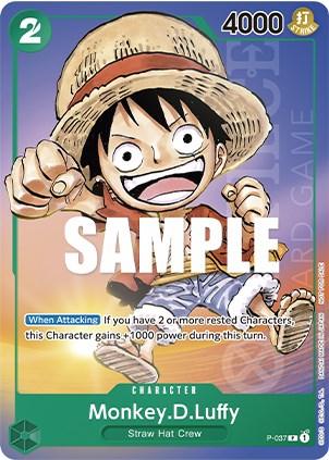 A Bandai Monkey.D.Luffy (Anime Expo 2023) [One Piece Promotion Cards] features Monkey D. Luffy wearing his iconic straw hat, red vest, and blue shorts. Text details include a power of 4000, cost of 2, and an ability granting +1000 power if there are 2 or more rested characters. Caption reads "Monkey.D.Luffy. Straw Hat Crew.