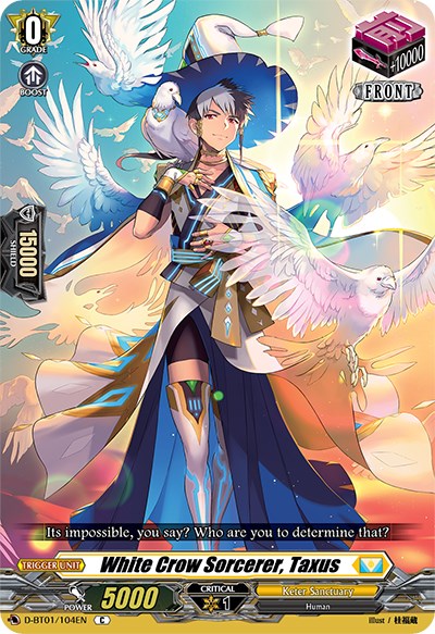 A fantasy-themed trading card from Bushiroad, featuring "White Crow Sorcerer, Taxus (D-BT01/104EN) [Genesis of the Five Greats]," who stands confidently amidst white crows. Donning a blue and white outfit adorned with feathers and magical accessories, this character hails from the Keter Sanctuary. Text on the card includes stats and game details.